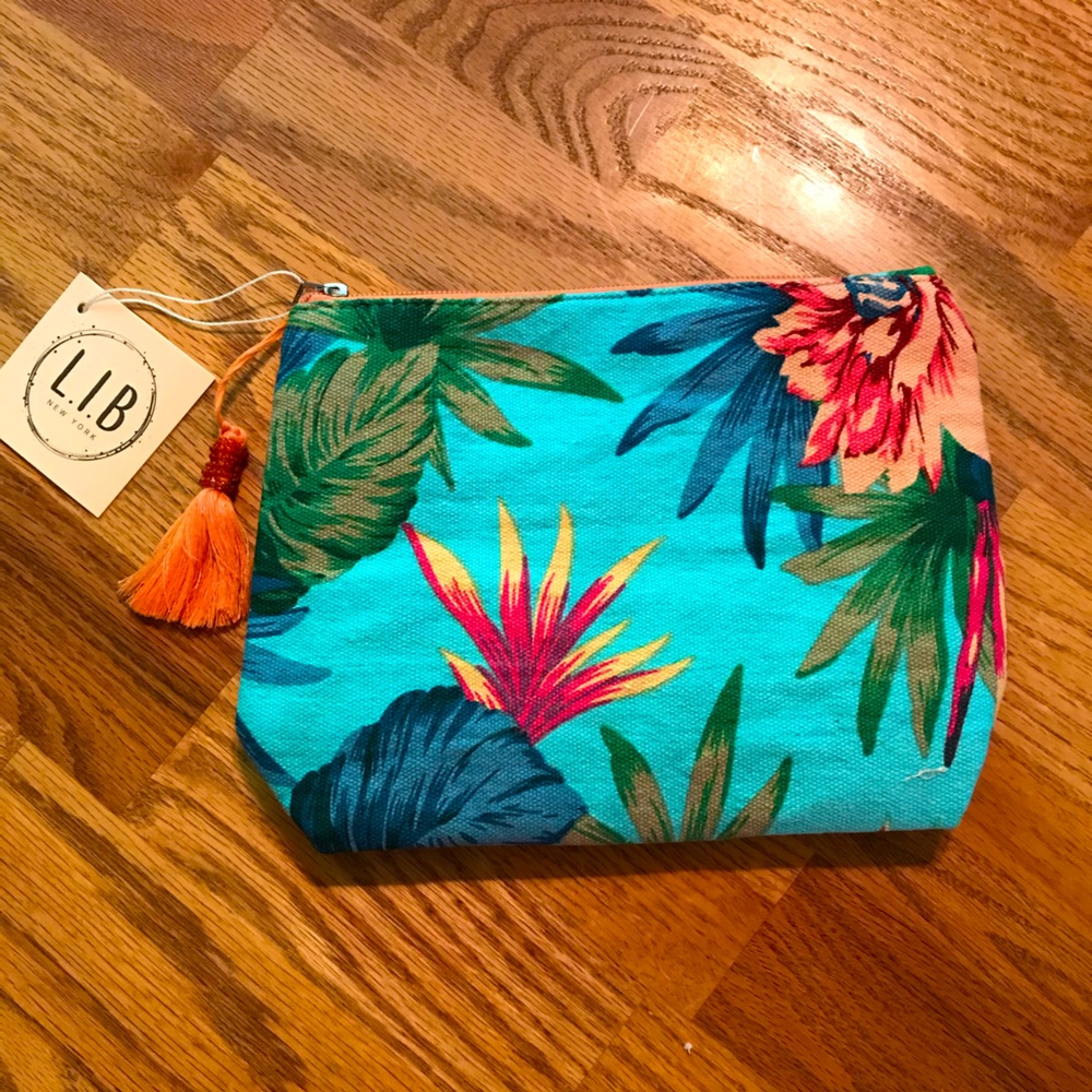 NWT L.I.B Blue Tropical & Floral Cosmetic Bag